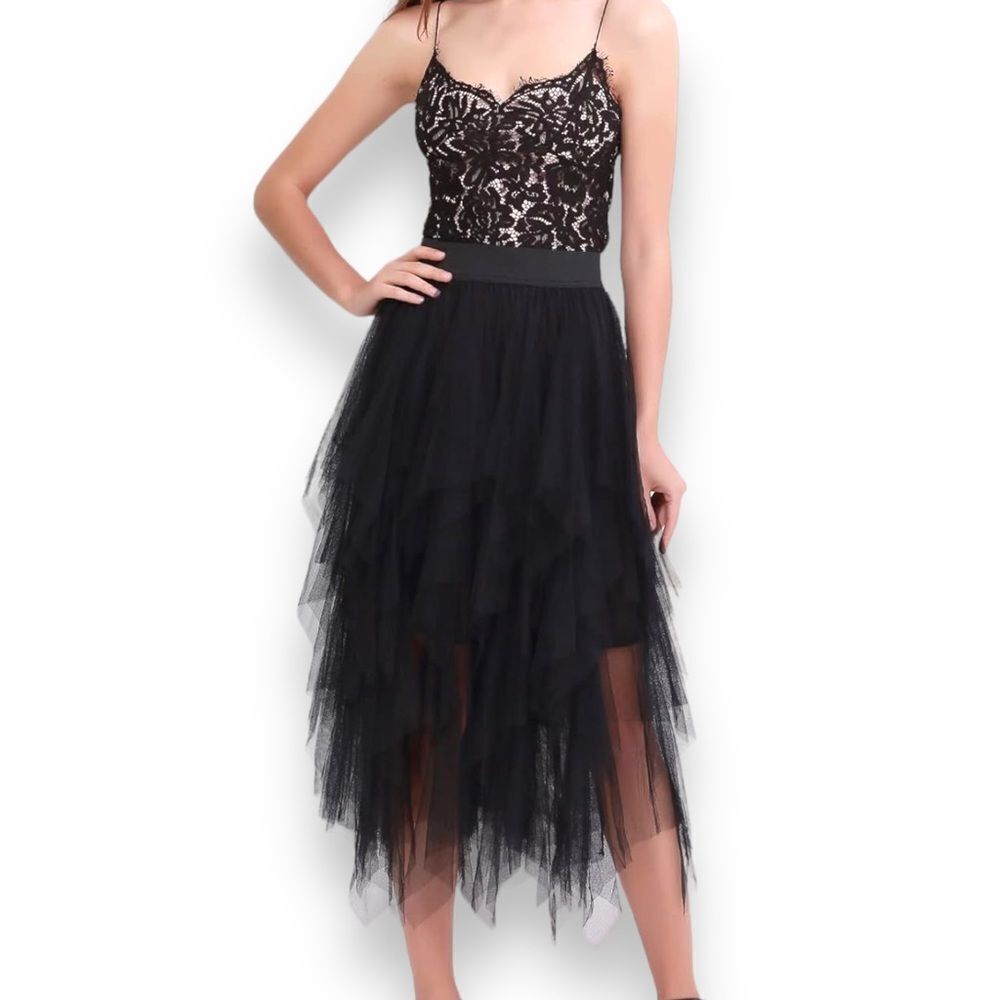 Black Tiered Tulle Asymmetric Midi Skirt - Whimsigoth Goth NWT